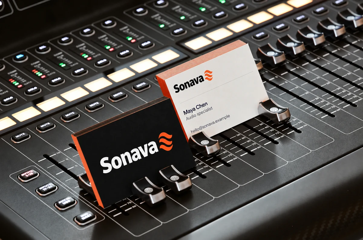 Sonava fictional identity study: business cards on an audio mixing console. AI-assisted concept, not client work.
