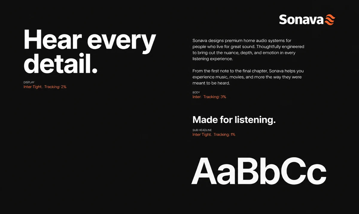 Sonava fictional identity study: typography and audio-visual retail sample copy. AI-assisted concept, not client work.