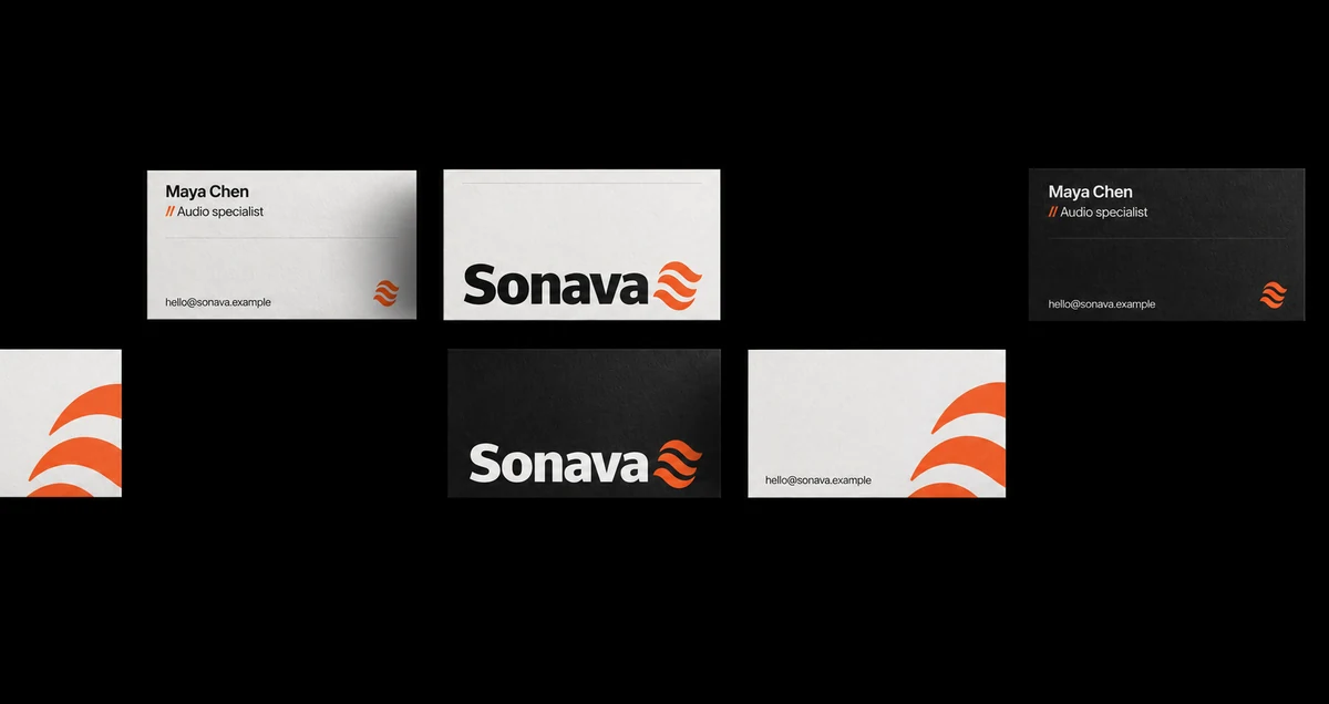 Sonava fictional identity study: business-card layouts. AI-assisted concept, not client work.