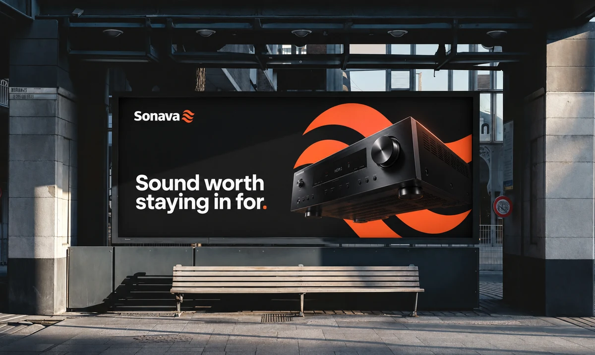 Sonava fictional identity study: audio-equipment billboard mockup. AI-assisted concept, not client work.