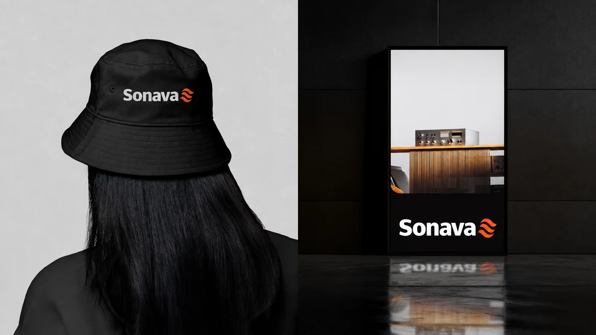 Sonava fictional identity study: branded hat and illuminated display mockups. AI-assisted concept, not client work.