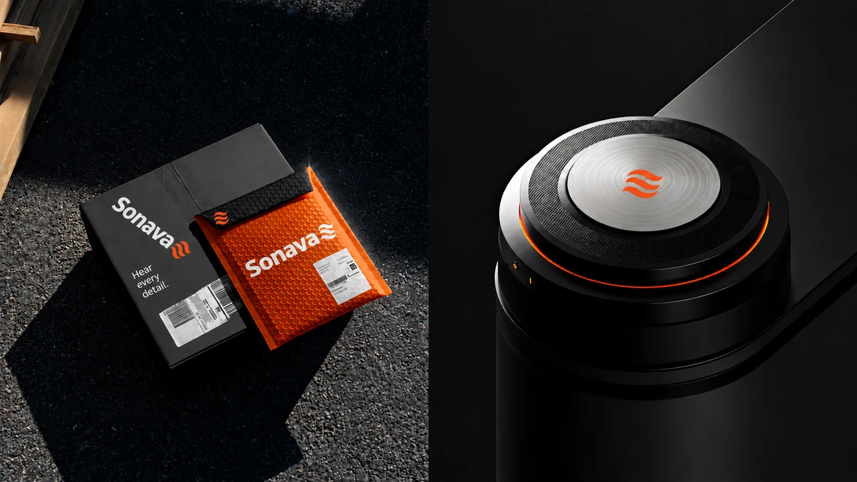 Sonava fictional identity study: shipping mailers and audio-device detail. AI-assisted concept, not client work.