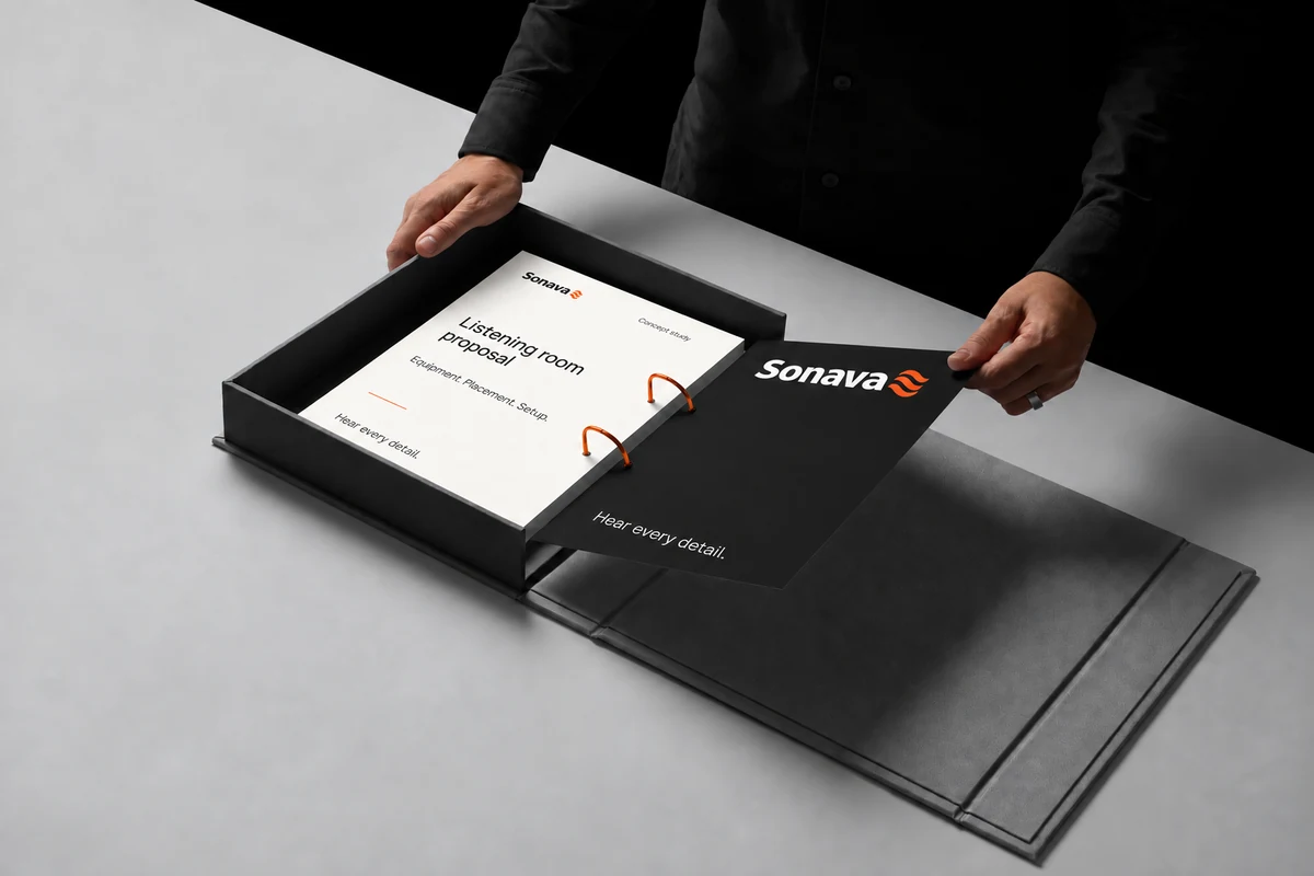 Sonava fictional identity study: presentation binder mockup. AI-assisted concept, not client work.