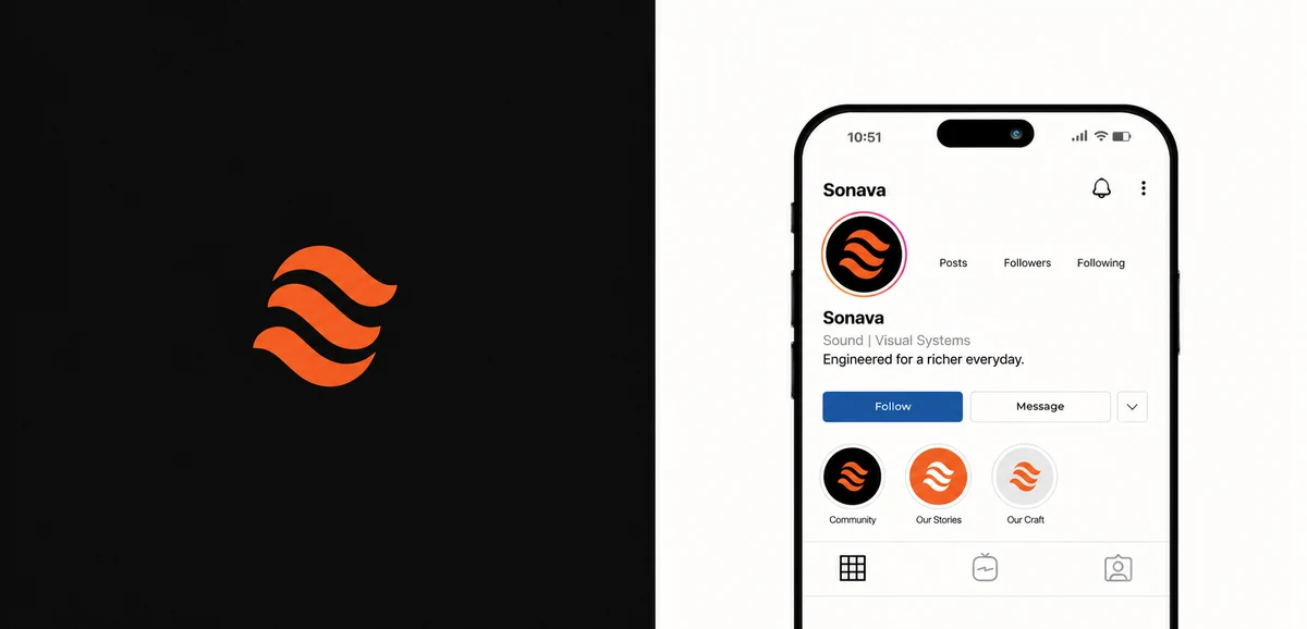 Sonava fictional identity study: icon and mobile social-profile mockup. AI-assisted concept, not client work.