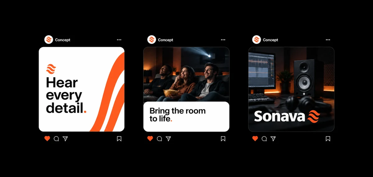 Sonava fictional identity study: social-post mockups. AI-assisted concept, not client work.