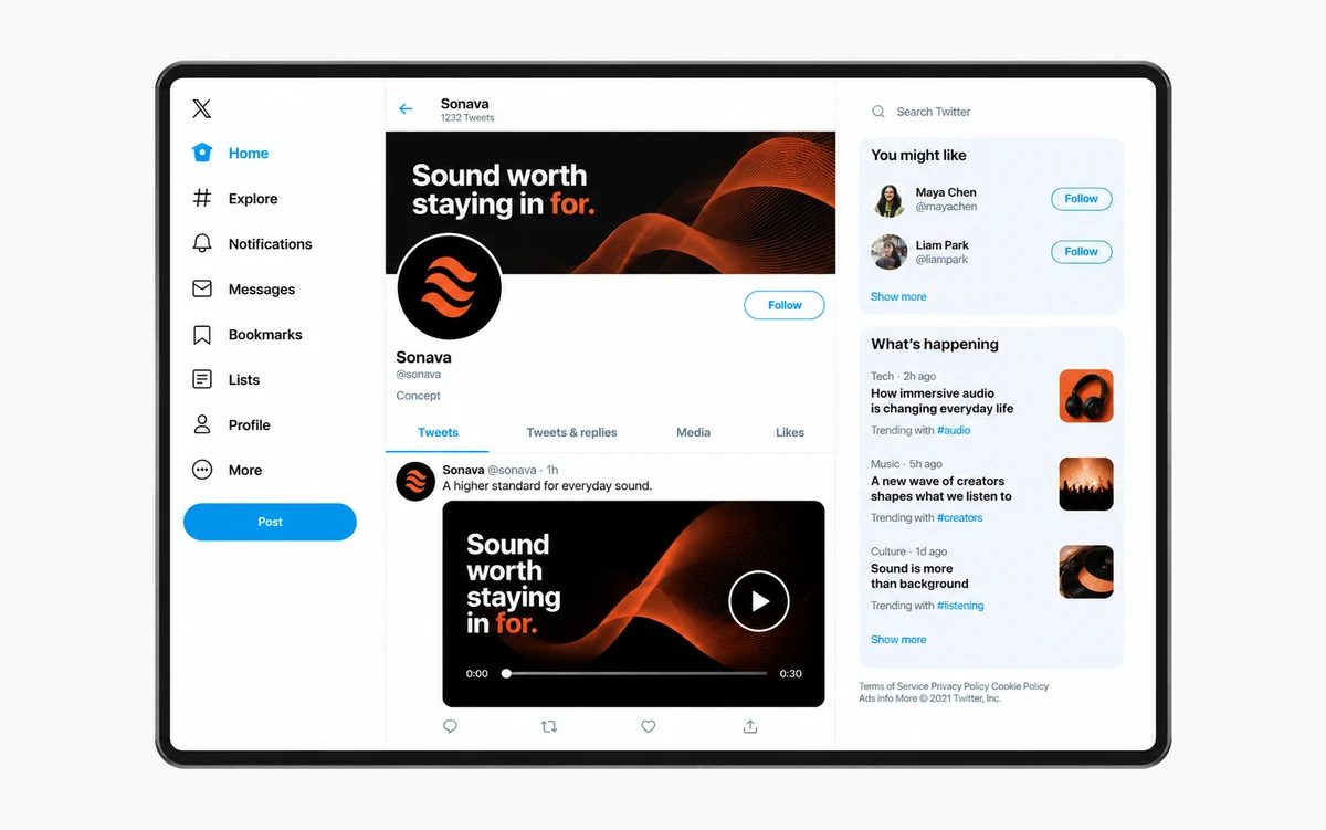 Sonava fictional identity study: tablet social-profile mockup. AI-assisted concept, not client work.