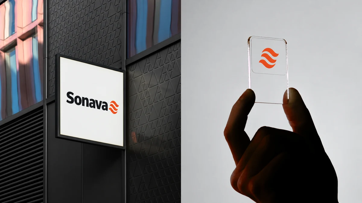 Sonava fictional identity study: wall sign and phone-case mockups. AI-assisted concept, not client work.