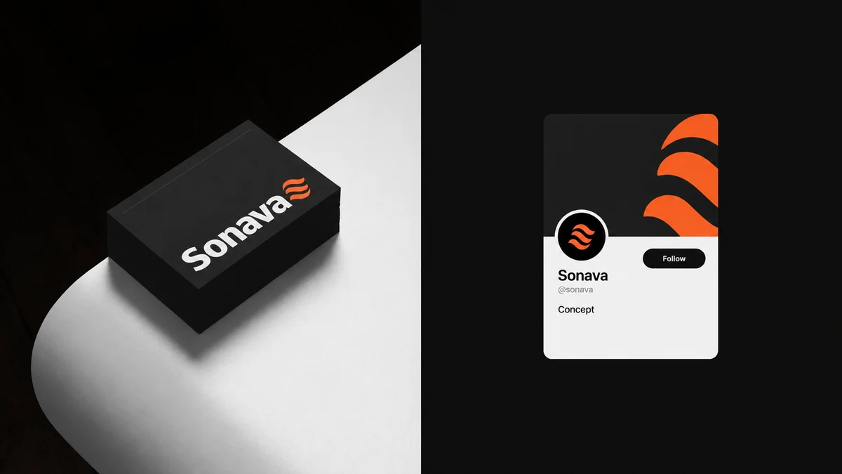Sonava fictional identity study: presentation box and social-profile card. AI-assisted concept, not client work.