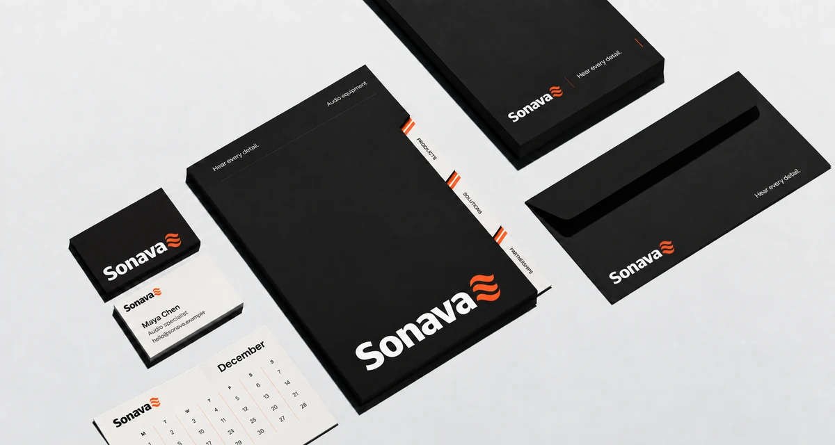 Sonava fictional identity study: stationery collection. AI-assisted concept, not client work.