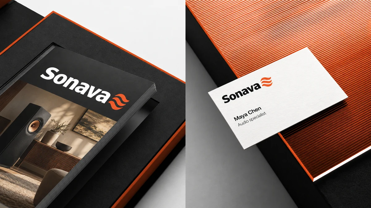 Sonava fictional identity study: brochure and business-card mockups. AI-assisted concept, not client work.