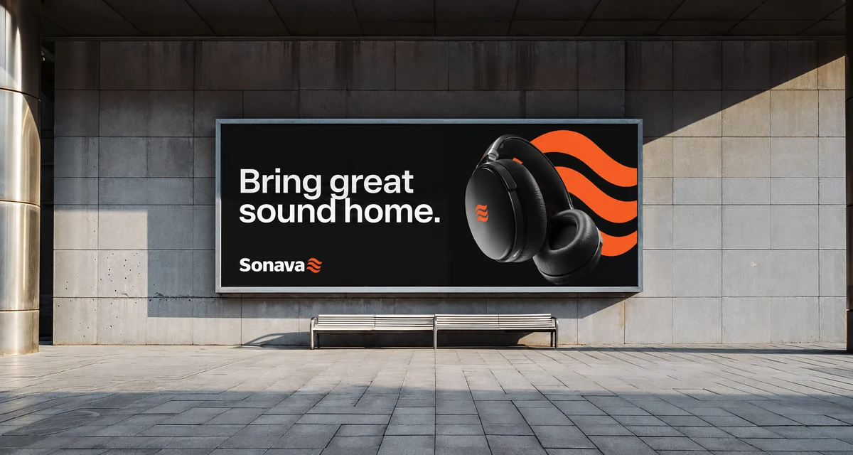 Sonava fictional identity study: headphone billboard mockup. AI-assisted concept, not client work.