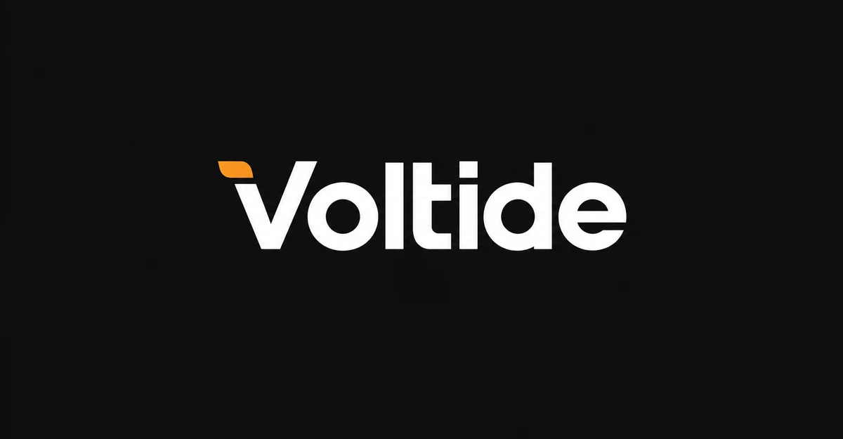 Voltide fictional identity study: primary wordmark on black. AI-assisted concept, not client work.
