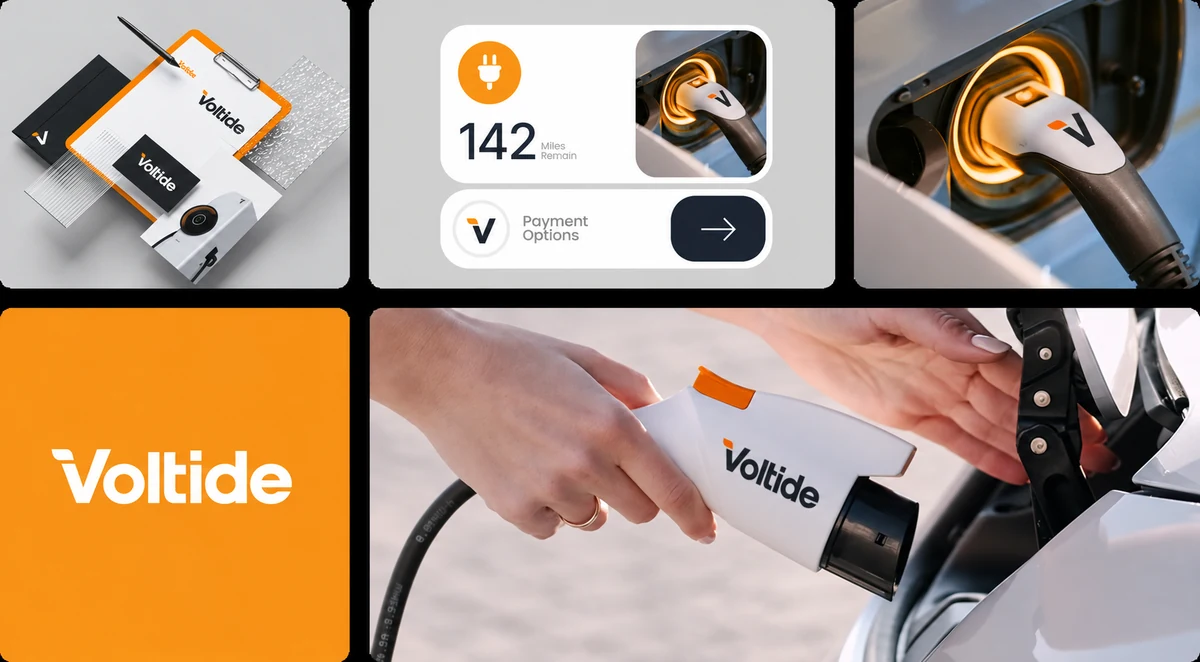 Voltide fictional identity study: identity application overview. AI-assisted concept, not client work.