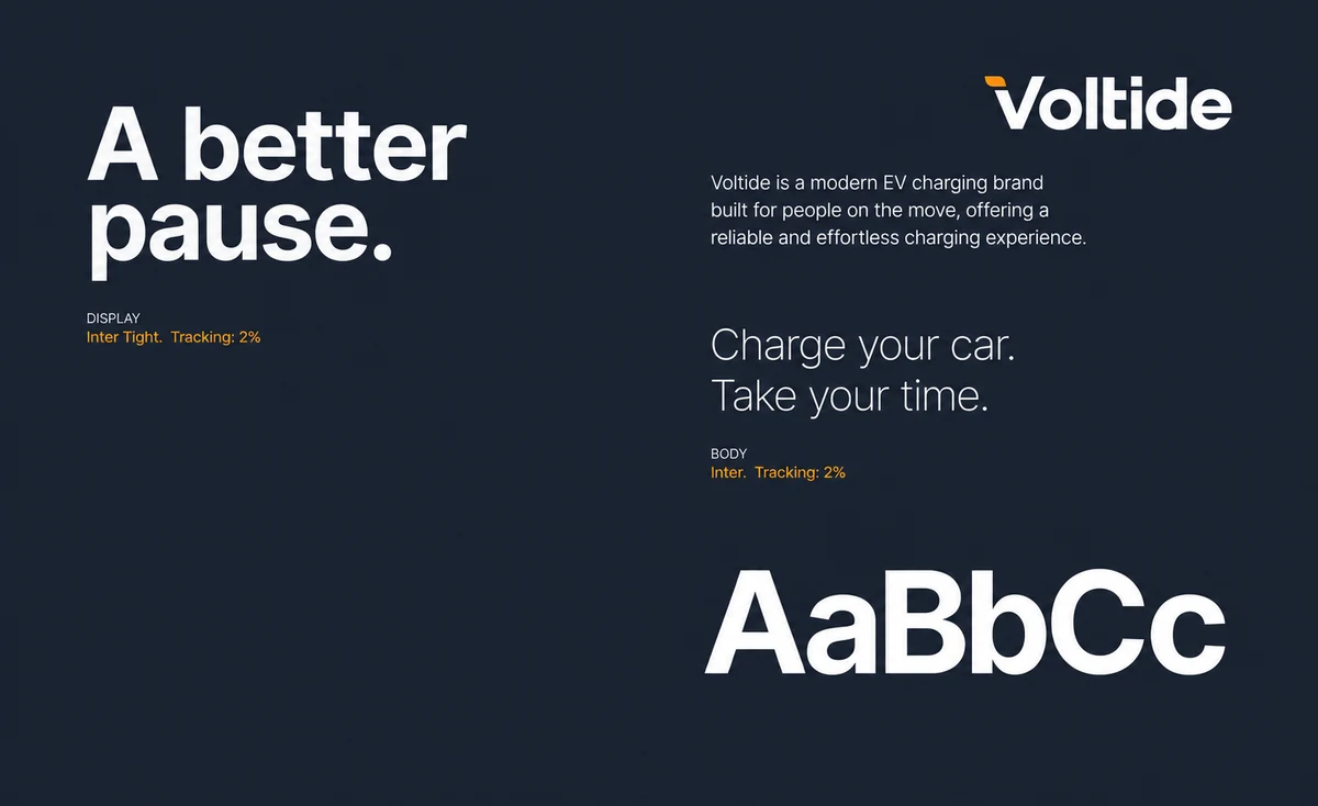 Voltide fictional identity study: typography and ev-charging sample copy. AI-assisted concept, not client work.