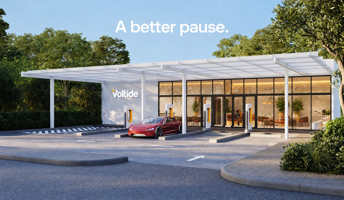 Voltide fictional identity study: charging-location concept render. AI-assisted concept, not client work.
