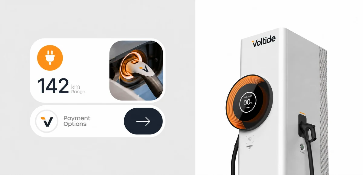 Voltide fictional identity study: charging interface and unit mockups. AI-assisted concept, not client work.