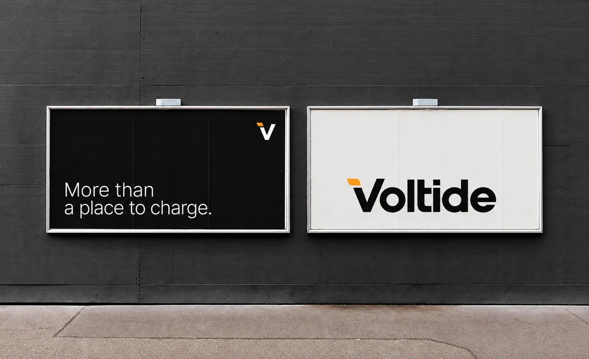 Voltide fictional identity study: outdoor billboard mockups. AI-assisted concept, not client work.