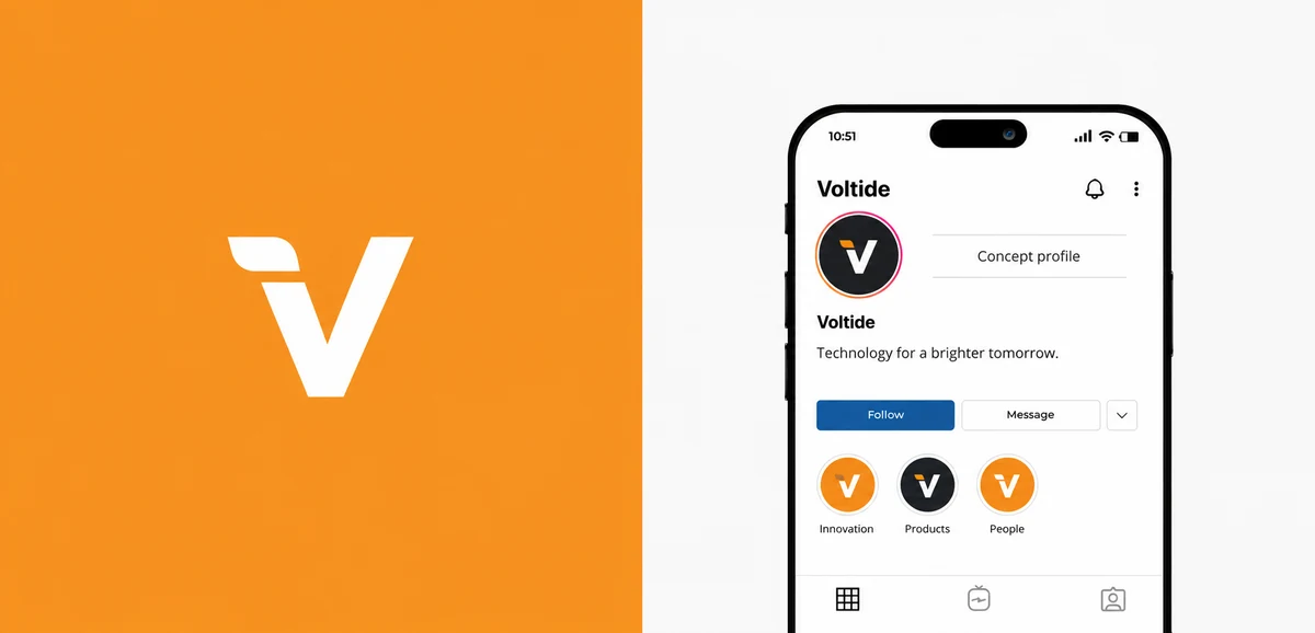 Voltide fictional identity study: icon and mobile social-profile mockup. AI-assisted concept, not client work.