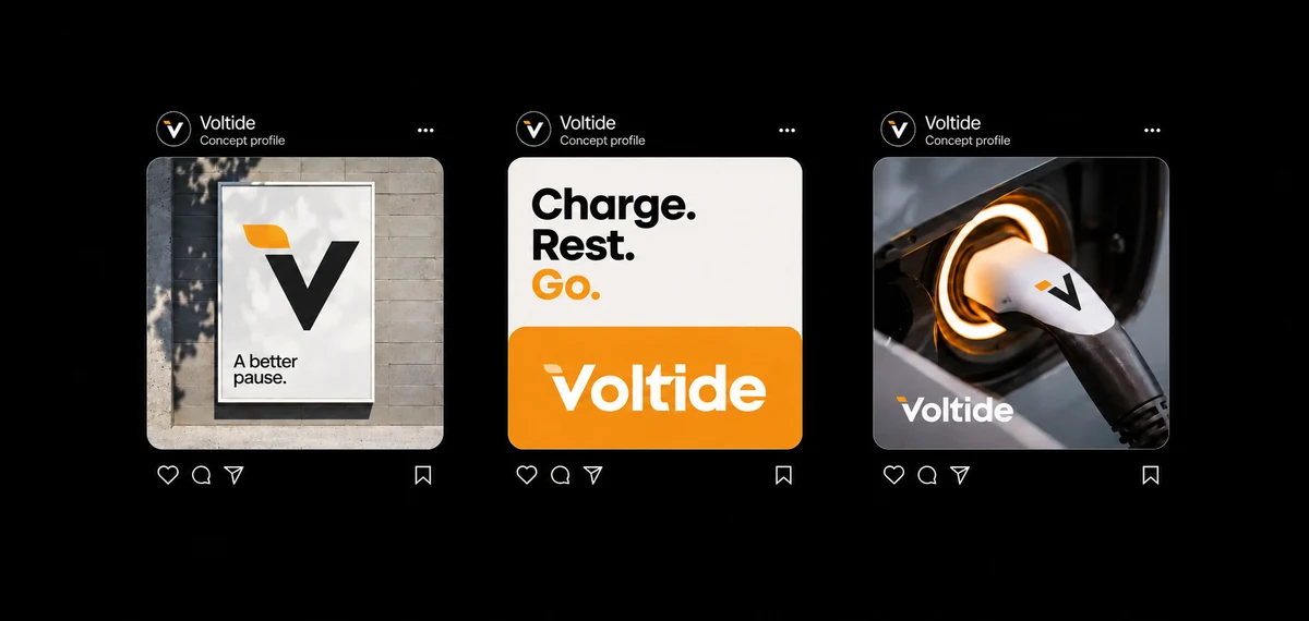 Voltide fictional identity study: social-post mockups. AI-assisted concept, not client work.