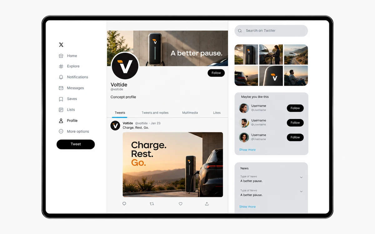Voltide fictional identity study: tablet social-profile mockup. AI-assisted concept, not client work.