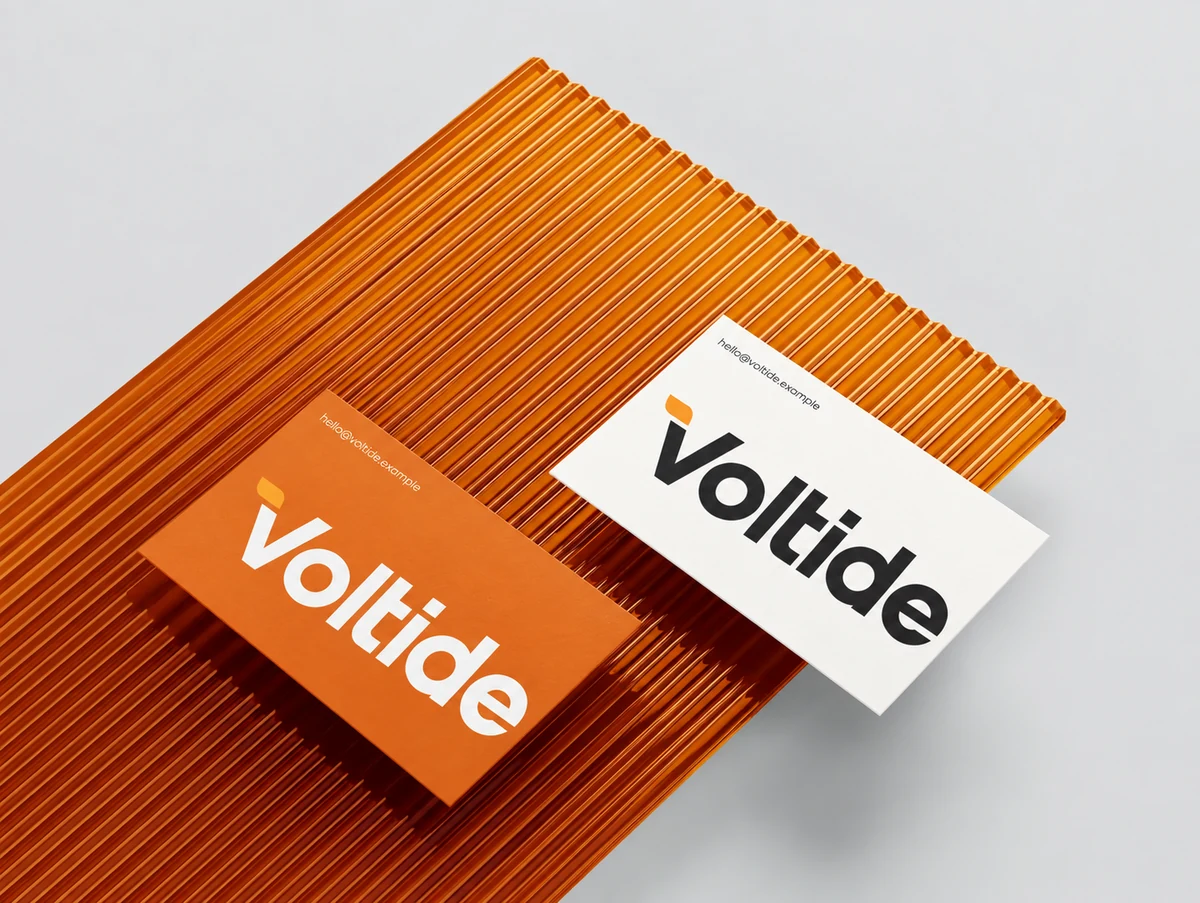 Voltide fictional identity study: business-card mockups. AI-assisted concept, not client work.