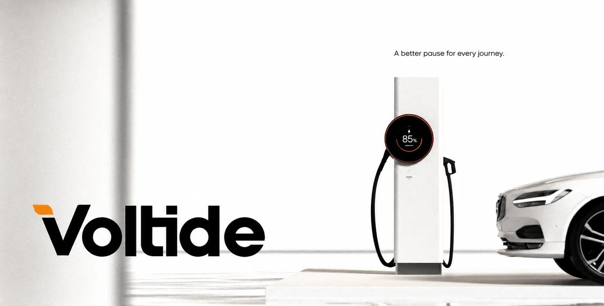 Voltide fictional identity study: ev-charging concept render. AI-assisted concept, not client work.