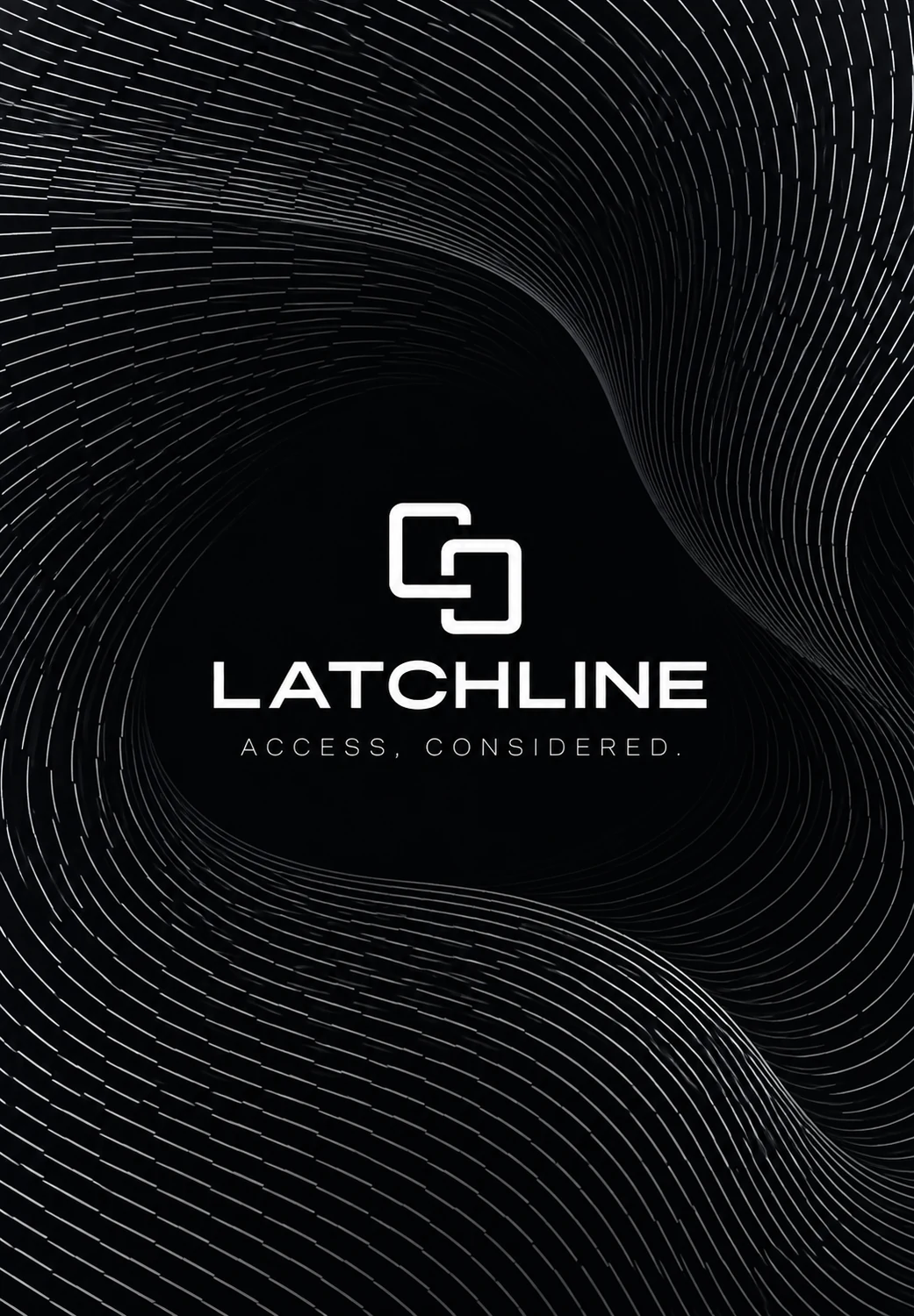 Latchline concept: a white permissions-software wordmark over flowing silver lines on black.