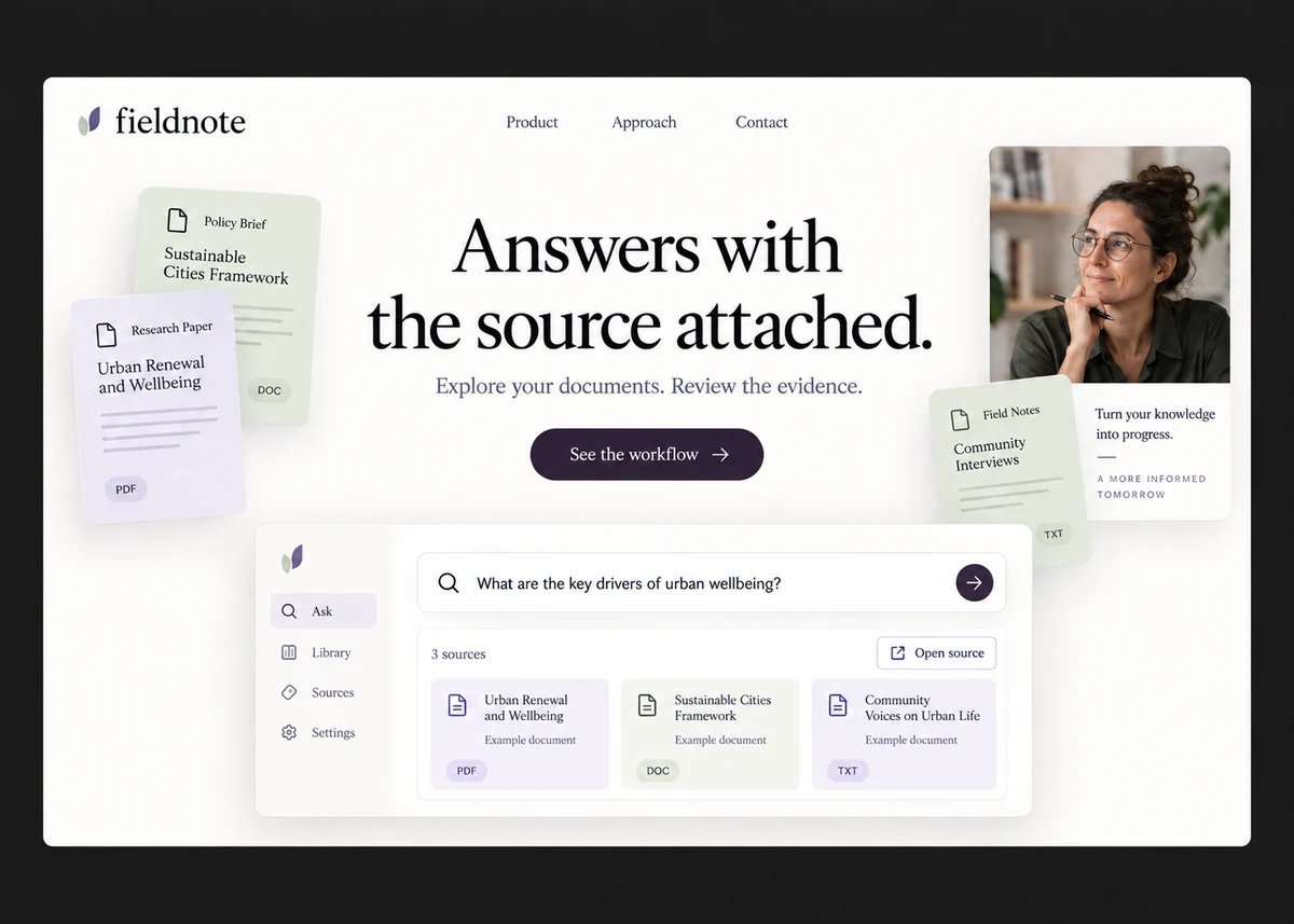 Fieldnote concept: a document-search landing page with lavender source cards and a human reviewer.