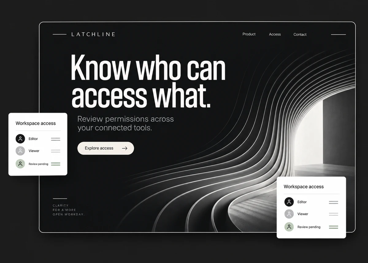 Latchline concept: a monochrome permissions-software landing page with access-review panels.