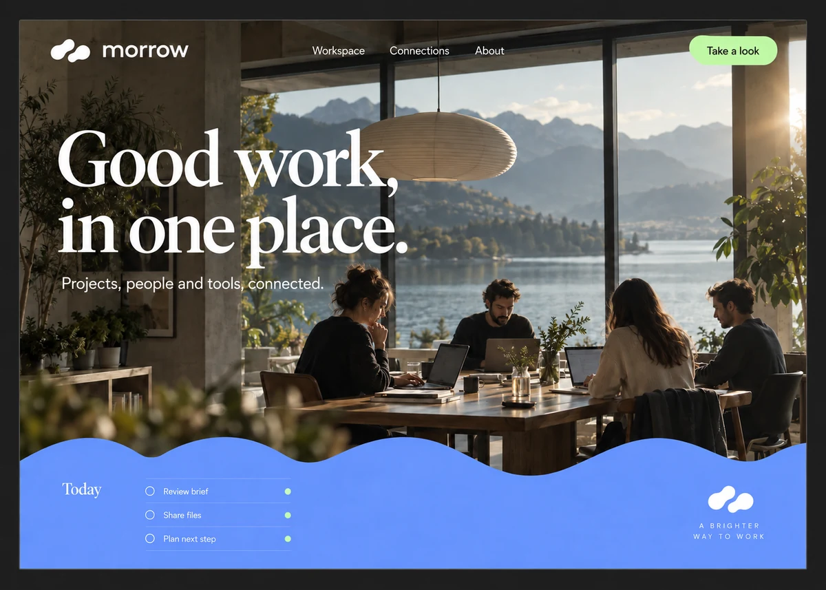 Morrow concept: a connected-workspace landing page with studio photography and a blue task strip.