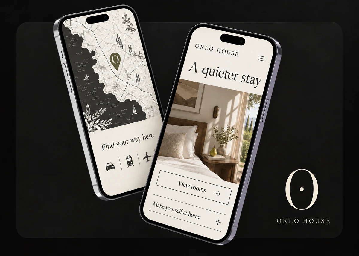 Orlo House concept: two phone mockups showing a boutique hotel's location and room-booking pages.