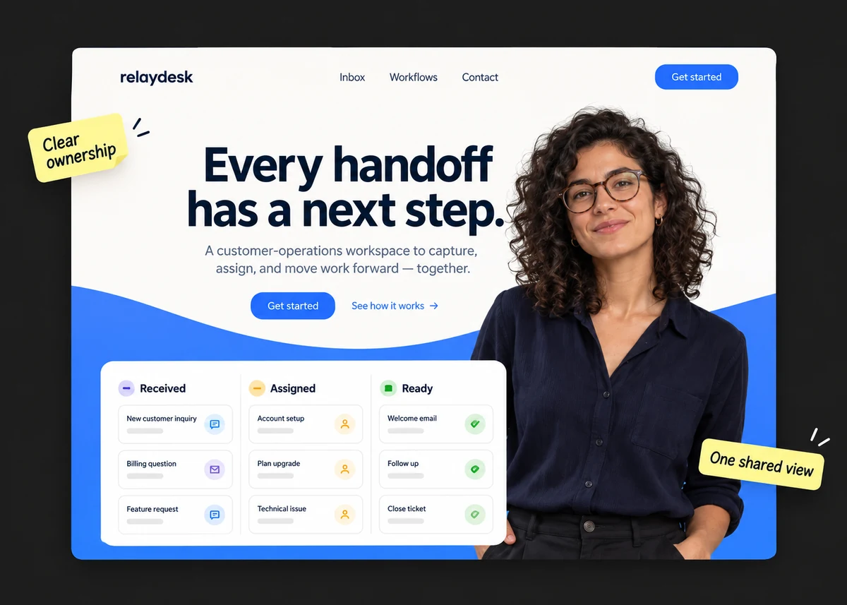 Relaydesk concept: a customer-operations landing page with a support lead and a handoff board.