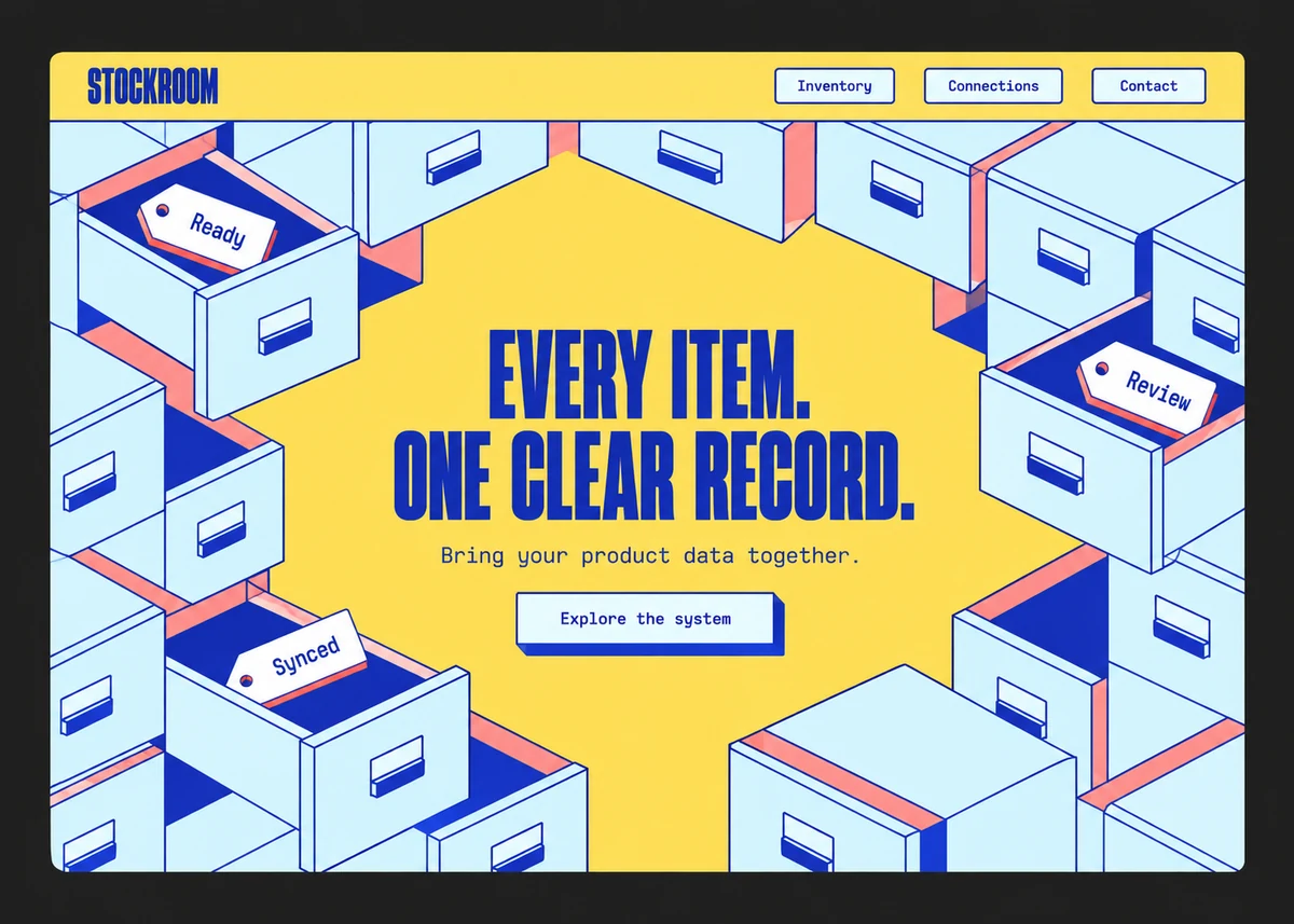 Stockroom concept: an inventory-data landing page with blue file drawers around a yellow headline.