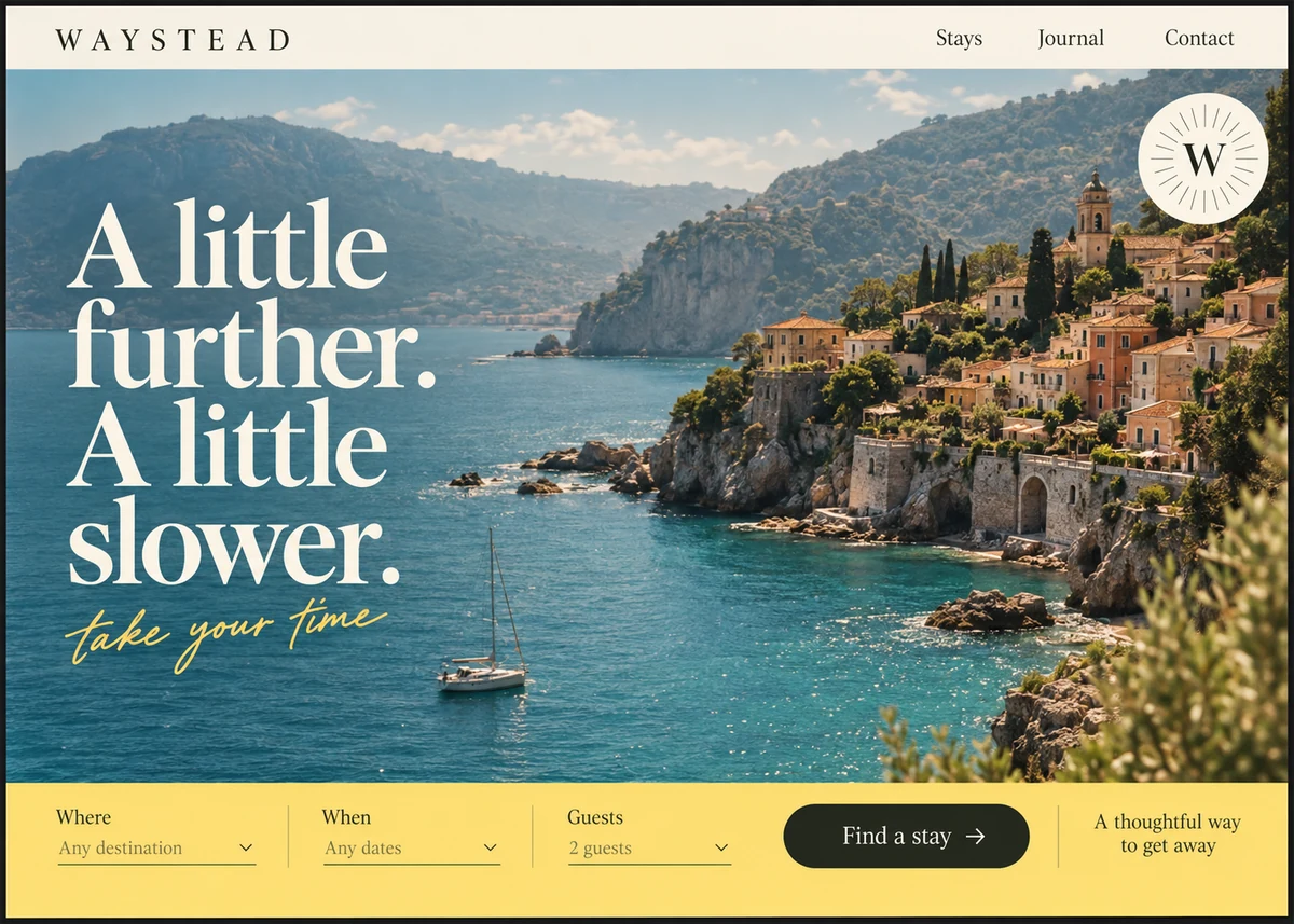 Waystead concept: a coastal travel-booking landing page with large editorial type and a yellow booking bar.